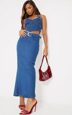 Indigo Buckle Detail Denim Maxi Skirt