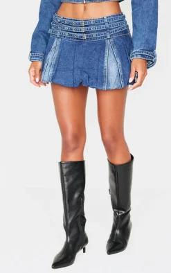 Indigo Buckle Detail Denim Puffball Mini Skirt