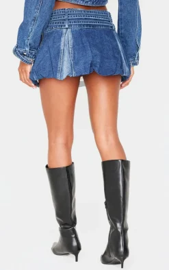 Indigo Buckle Detail Denim Puffball Mini Skirt