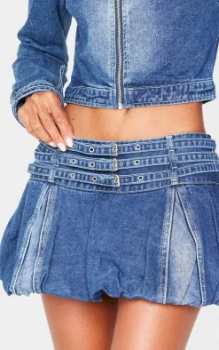Indigo Buckle Detail Denim Puffball Mini Skirt