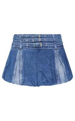 Indigo Buckle Detail Denim Puffball Mini Skirt