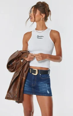 Indigo Button Waistband Denim Mini Skirt