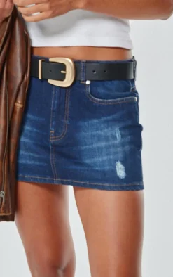 Indigo Button Waistband Denim Mini Skirt