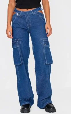 Indigo Cut Out Asymmetric Waistband Cargo Jeans