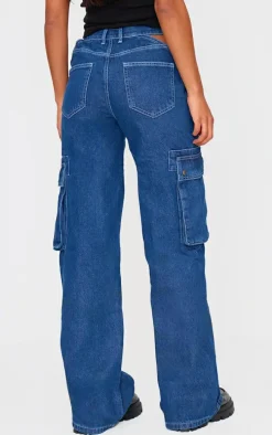 Indigo Cut Out Asymmetric Waistband Cargo Jeans