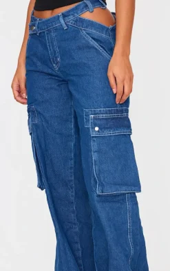 Indigo Cut Out Asymmetric Waistband Cargo Jeans