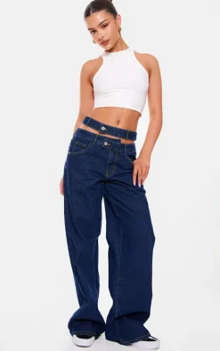 Indigo Cut Out Detail Cargo Pocket Wide Leg Jeans