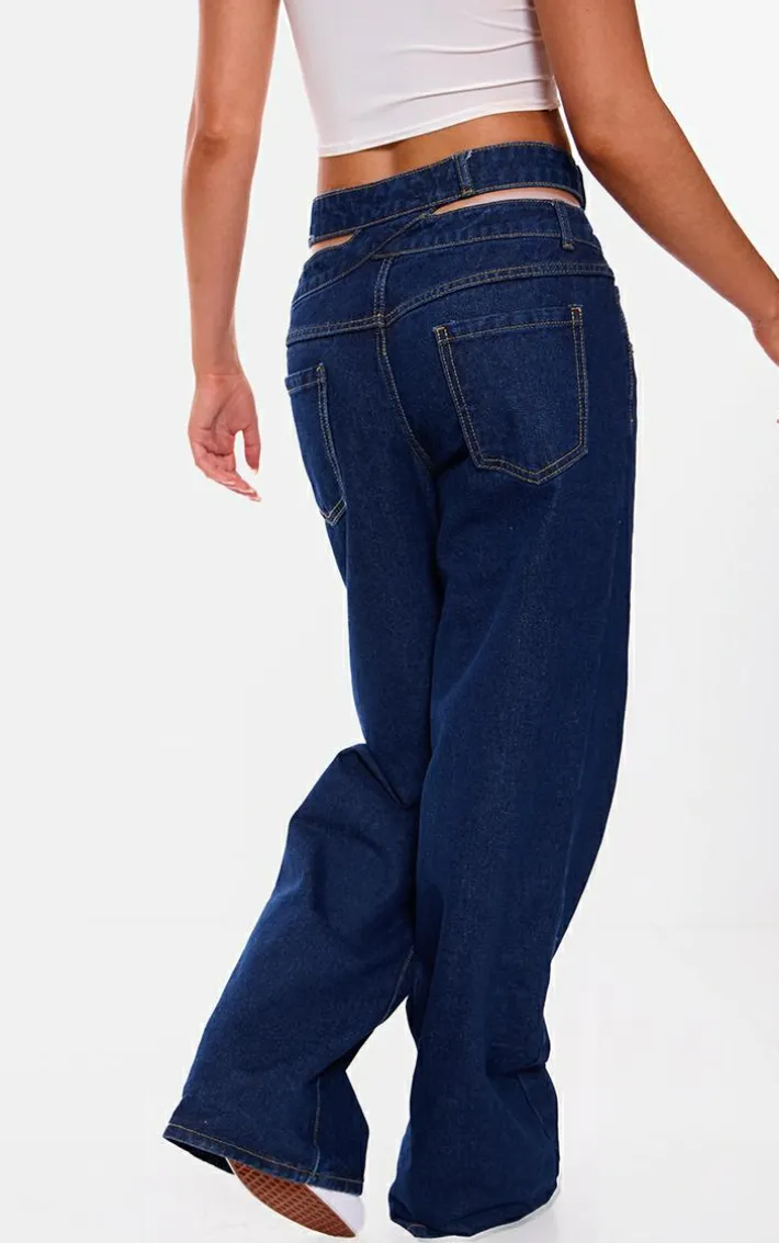 Indigo Cut Out Detail Cargo Pocket Wide Leg Jeans