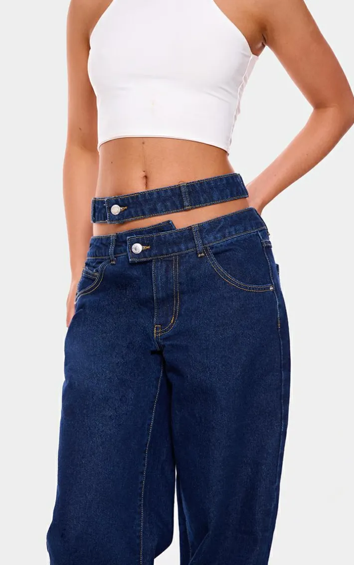 Indigo Cut Out Detail Cargo Pocket Wide Leg Jeans