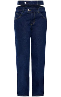 Indigo Cut Out Detail Cargo Pocket Wide Leg Jeans