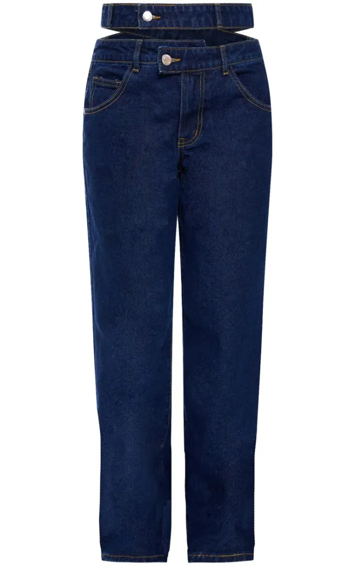 Indigo Cut Out Detail Cargo Pocket Wide Leg Jeans
