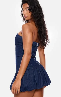 Indigo Denim Bandeau Puffball Mini Dress