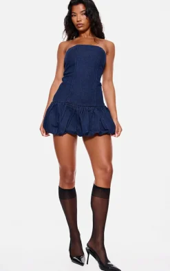 Indigo Denim Bandeau Puffball Mini Dress