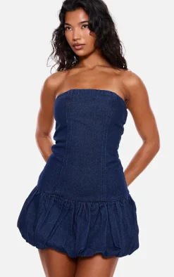 Indigo Denim Bandeau Puffball Mini Dress
