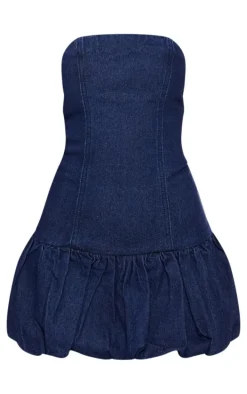 Indigo Denim Bandeau Puffball Mini Dress