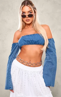 Indigo Denim Bardot Long Sleeve Crop Top