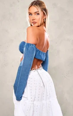 Indigo Denim Bardot Long Sleeve Crop Top
