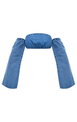 Indigo Denim Bardot Long Sleeve Crop Top