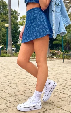 Indigo Floral Print Denim A Line Mini Skirt