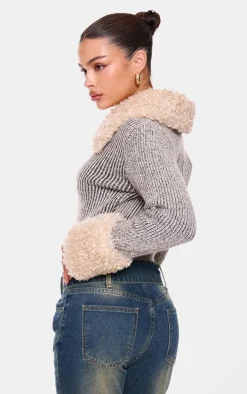 Indigo Fur Trim Detail Double Zip Cardigan