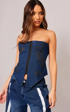 Indigo Graphic Hook And Eye Bandeau Denim Top