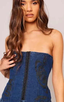 Indigo Graphic Hook And Eye Bandeau Denim Top