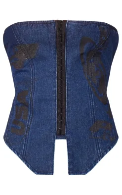 Indigo Graphic Hook And Eye Bandeau Denim Top