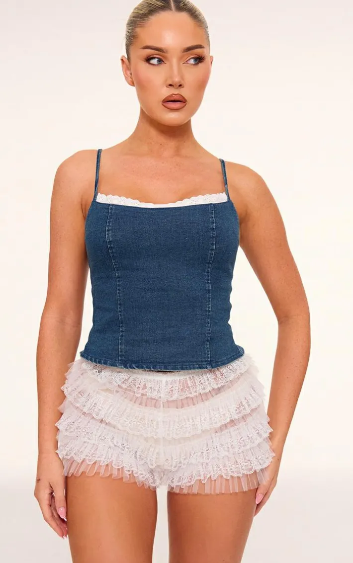 Indigo Lace Trim Corset Back Crop Top