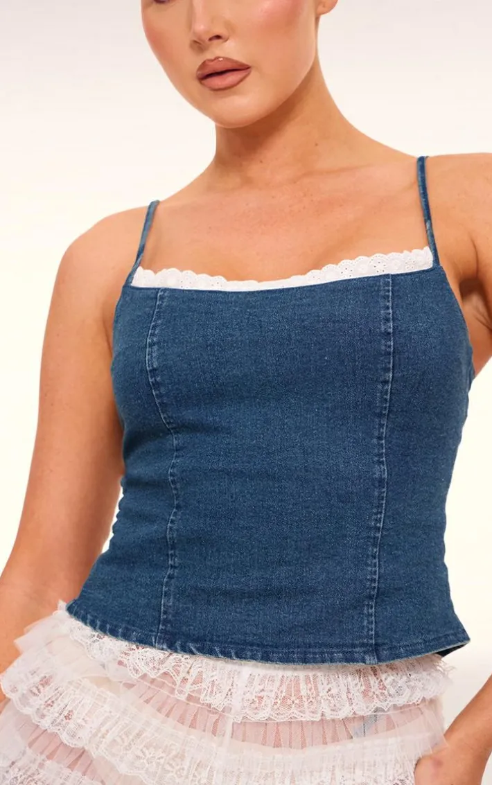 Indigo Lace Trim Corset Back Crop Top