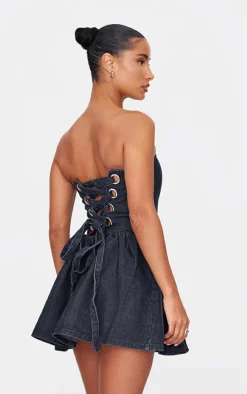 Indigo Lace Up Back Denim Puffball Dress