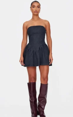 Indigo Lace Up Back Denim Puffball Dress