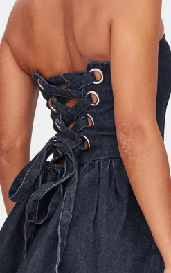 Indigo Lace Up Back Denim Puffball Dress