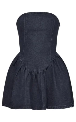 Indigo Lace Up Back Denim Puffball Dress