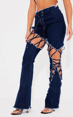 Indigo Lace Up Extreme Detail Flared Jeans