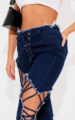 Indigo Lace Up Extreme Detail Flared Jeans