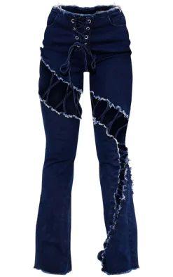 Indigo Lace Up Extreme Detail Flared Jeans