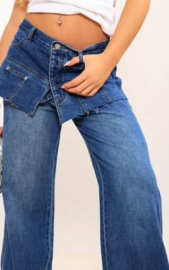 Indigo Layered Exposed Pocket Wide Leg Jeans