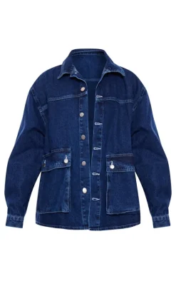 Indigo Oversized Button Up Pocket Detail Denim Shacket