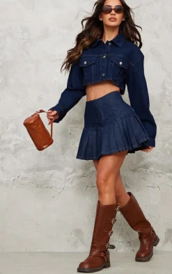 Indigo Pleated Deep Waistband Denim Mini Skirt