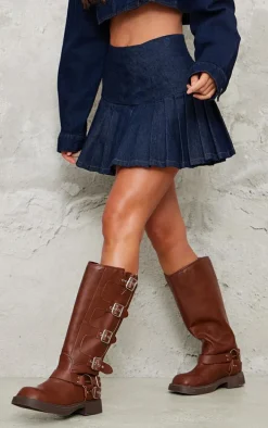 Indigo Pleated Deep Waistband Denim Mini Skirt