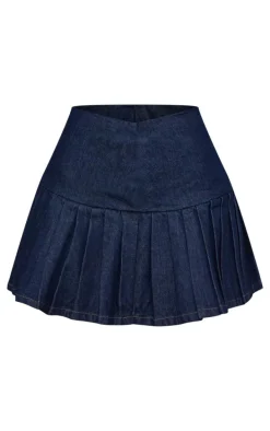 Indigo Pleated Deep Waistband Denim Mini Skirt