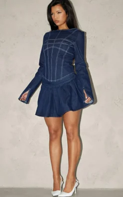 Indigo Pleated Denim Mini Skirt