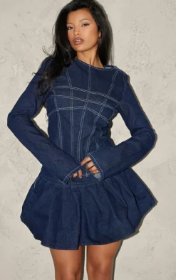 Indigo Pleated Denim Mini Skirt