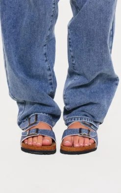 Indigo Printed Denim Buckle Strap Slides