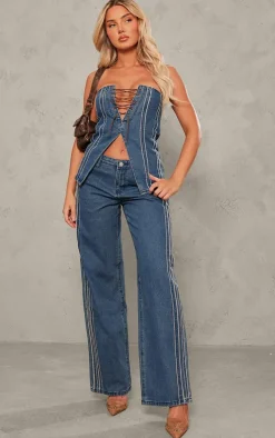 Indigo Raw Stripe Detail Straight Leg Jeans