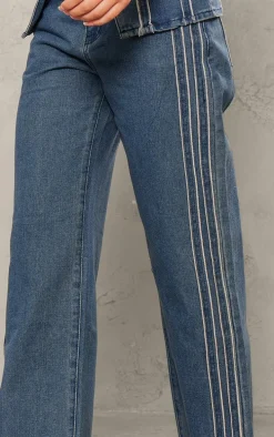 Indigo Raw Stripe Detail Straight Leg Jeans
