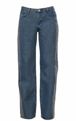 Indigo Raw Stripe Detail Straight Leg Jeans