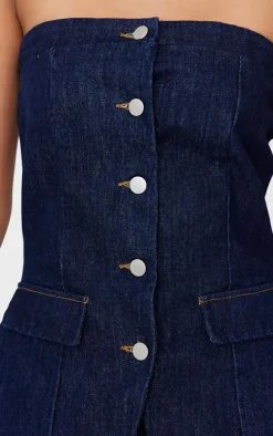 Indigo Strapless Button Down Pocket Detail Denim Top