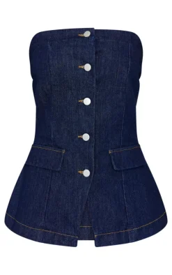 Indigo Strapless Button Down Pocket Detail Denim Top