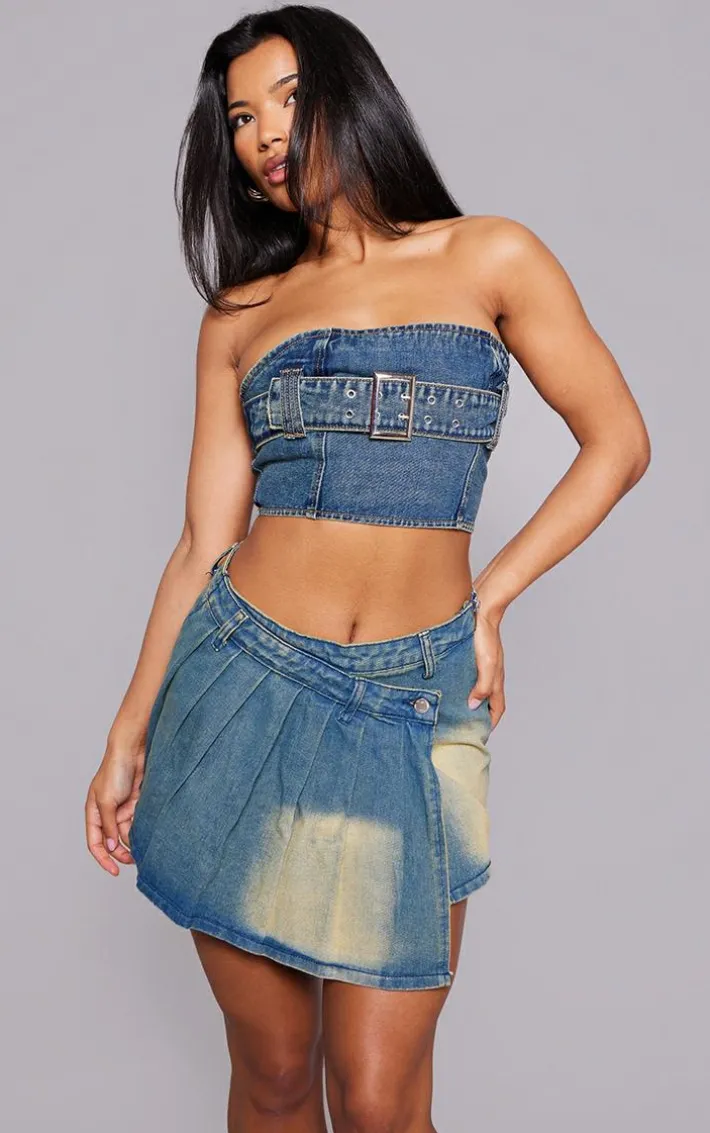 Indigo Vintage Wash Asymmetric Micro Mini Denim Tennis Skirt